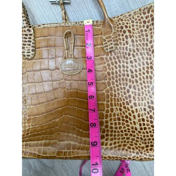 Longchamp Tan Croc-Embossed Roseau Leather Tote Handbag With Silver Toggle Closu